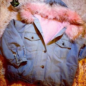 Pink fur denim coat
